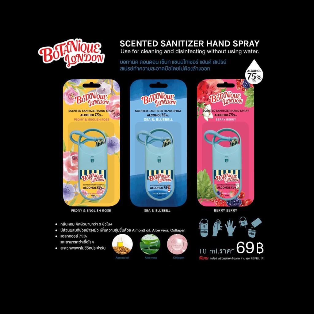 น้ำหอมฆ่าเชื้อโรค Botanique London Spray สเปรย์น้ำหอมแอลกอฮอล์สเปรย์ 75% แบบคล้องคอ รีฟิลได้ 10 ml