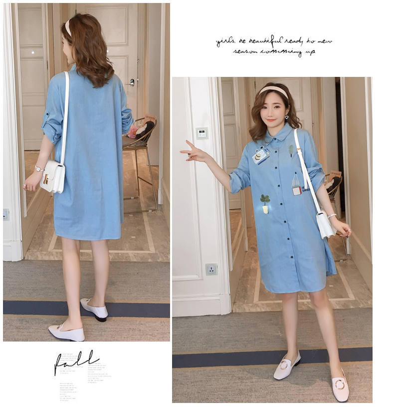 เดรสคลุมท้องแฟชั่นแขนยาว คอปก กระดุมหน้า ปักลายน่ารัก M L XL,XXL