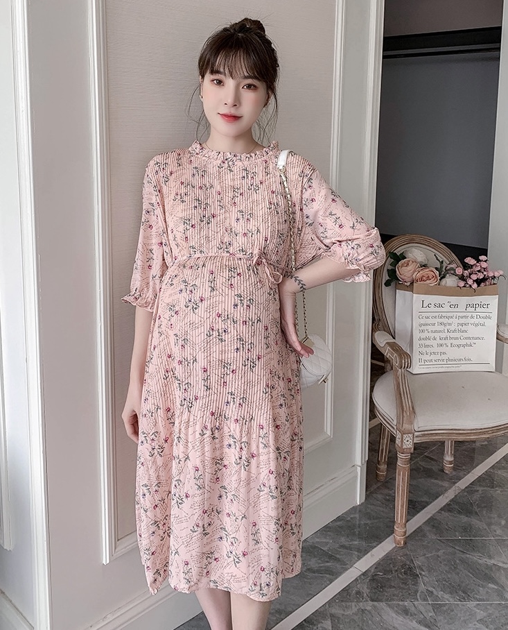 เดรสคลุมท้องแฟชั่น แขนจั้ม3ส่วน ผ้าชีฟองอัดพรีทเล็กช่วงบน สวยมาก มีซับใน มีเชือกผูกอิสระ M L XL XXL