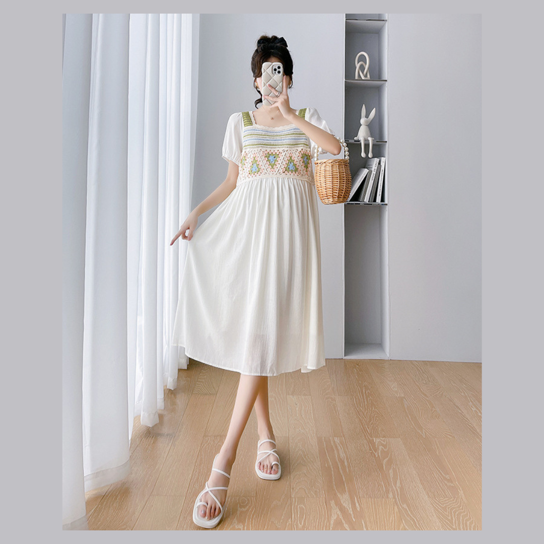 ชุดคลุมท้องแฟชั่นเกาหลี ช่วงอกไหมพรมโครเชต์ ลายน่ารัก ช่วงอื่นเป็นผ้าชีฟอง เบาสบายใส่แล้วไม่ร้อน มีซับใน M L XL XXL