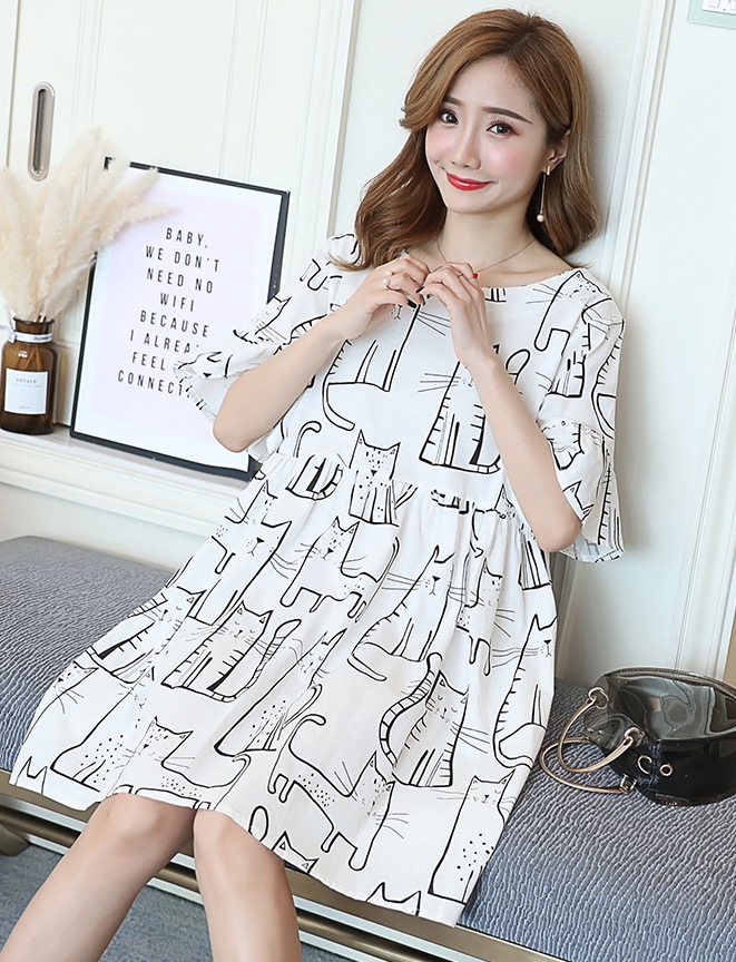เดรสคลุมท้องแฟชั่นสไตล์เกาหลี ผ้าcotton ลายแมว แขนระบาย ผูกโบว์น่ารักมาก M L XL,XXL