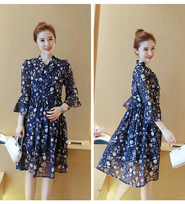 เดรสคลุมท้องแฟชั่นผ้าชีฟอง แขน4ส่วนระบาย ลายน่ารัก มีโบว์ที่คอ มีซับใน M L XL,XXL