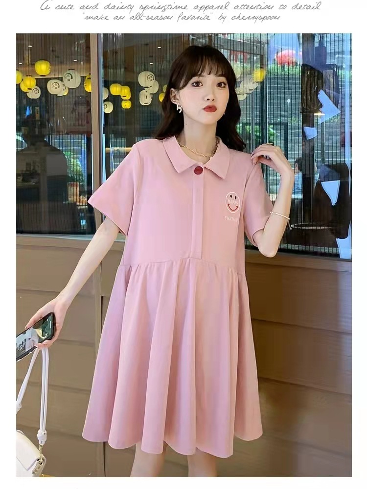 เดรสคลุมท้องแฟชั่นเกาหลี คอปกมีกระดุม ช่วงบน ผ้านิ่ม ใส่สบายๆม่ร้อน รอบท้องระบายได้เยอะใส่ได้ถึงคลอด M L XL XXL