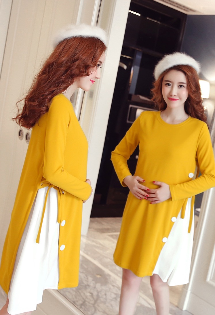 ชุดคลุมท้องแขนยาว ผ้ามอสเครป เนื้อหนาและนิ่มใส่สบาย มีเชือกปรับขนาดครรภ์ M L XL XXL