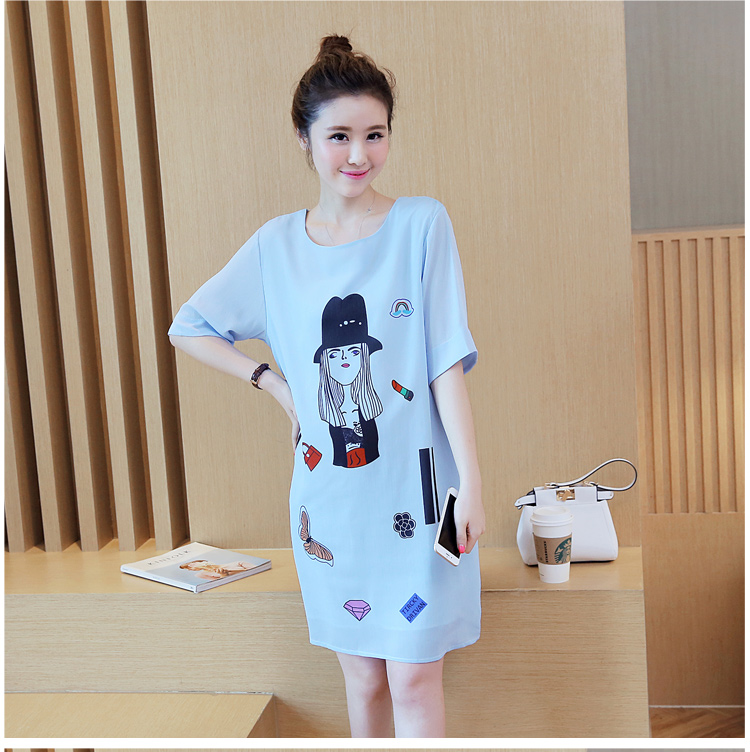 เดรสคลุมท้อง ผ้าชีฟอง พิมพ์ลายน่ารัก มีซับในทั้งตัว ช่วงแขนโชว์ลายผ้า สีฟ้า M,L,XL,XXL