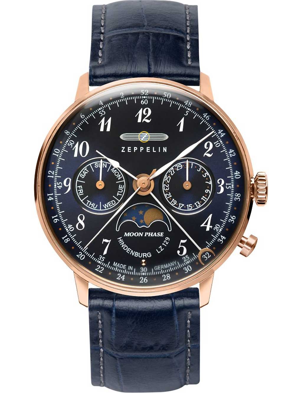 Zeppelin 7039-3 นาฬิกาผู้ชาย LZ129 Moon Phase Quartz Men's Watch Made In Germany