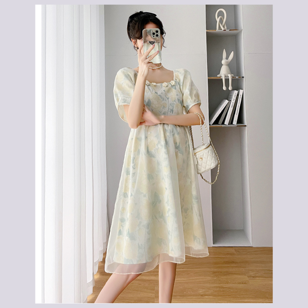 ชุดคลุมท้องแฟชั่นเกาหลี ผ้าเนื้อนิ่มสวย ด้านนอกมีผ้าตาข่ายเพิ่มความน่ารัก มีซับในเต็มชุด สวยมากค่ะ M L XL XXL