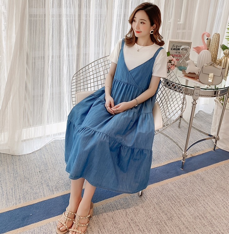 เอี๊ยมกระโปรงคลุมท้องผ้ายีนส์ +เสื้อยืดคอกลม เอี๊ยมยีนส์เนื้อนิ่ม ใส่สบาย ใส่ได้ถึงคลอด M L XL XXL