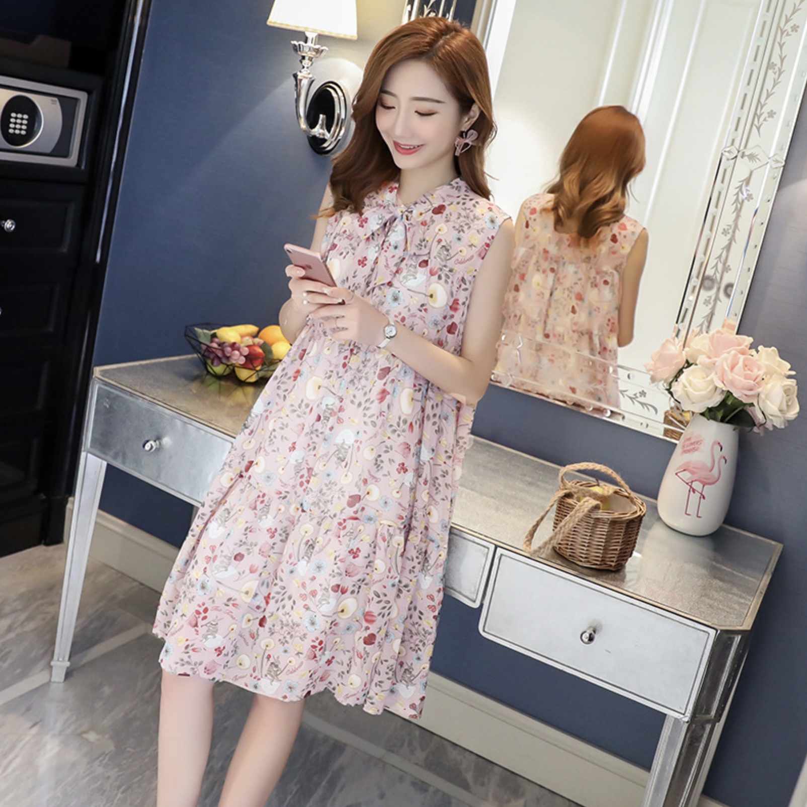 เดรสคลุมท้องแฟชั่นเกาหลี ผ้าชีฟอง แขนกุด มีซับใน ลายน่ารัก M L XL XXL