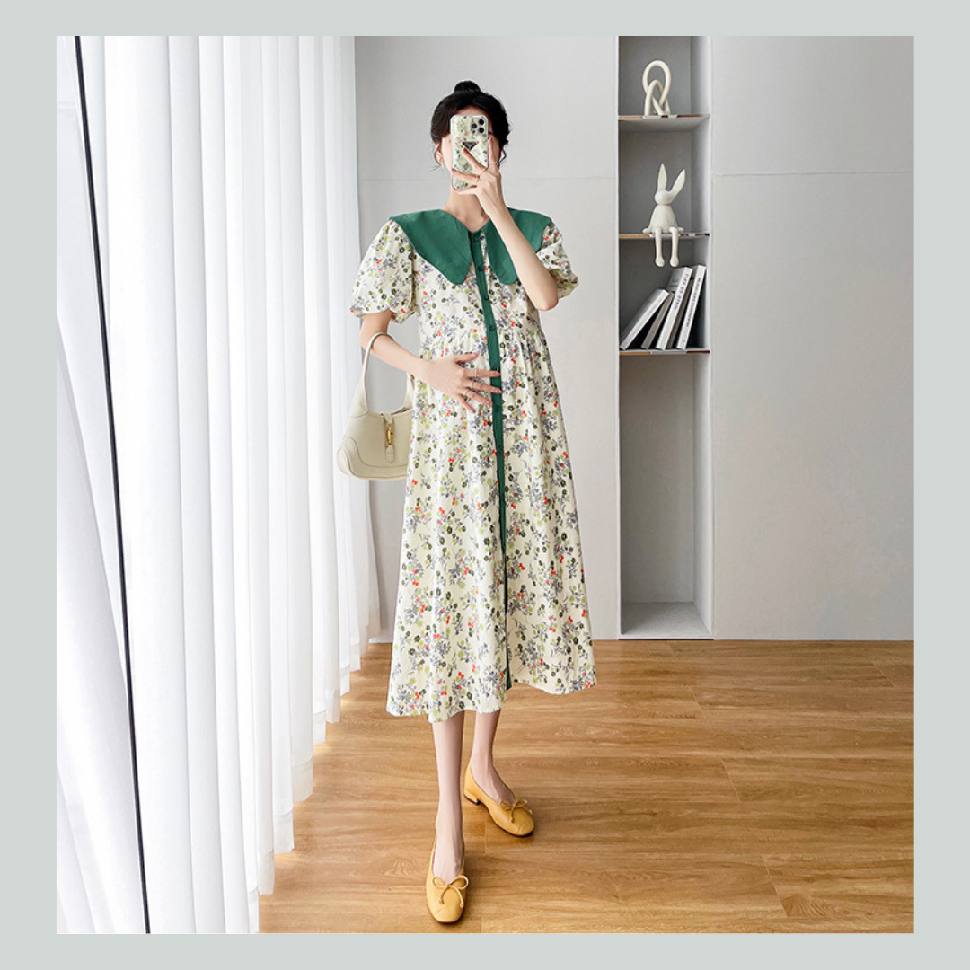 ชุดคลุมท้องแฟชั่นเกาหลี แขนตุ๊กตา ปกใหญ่ กระดุมหน้าแกะได้จริง ผ้าเนื้อละเอียด สีน่ารัก M L XL XXL