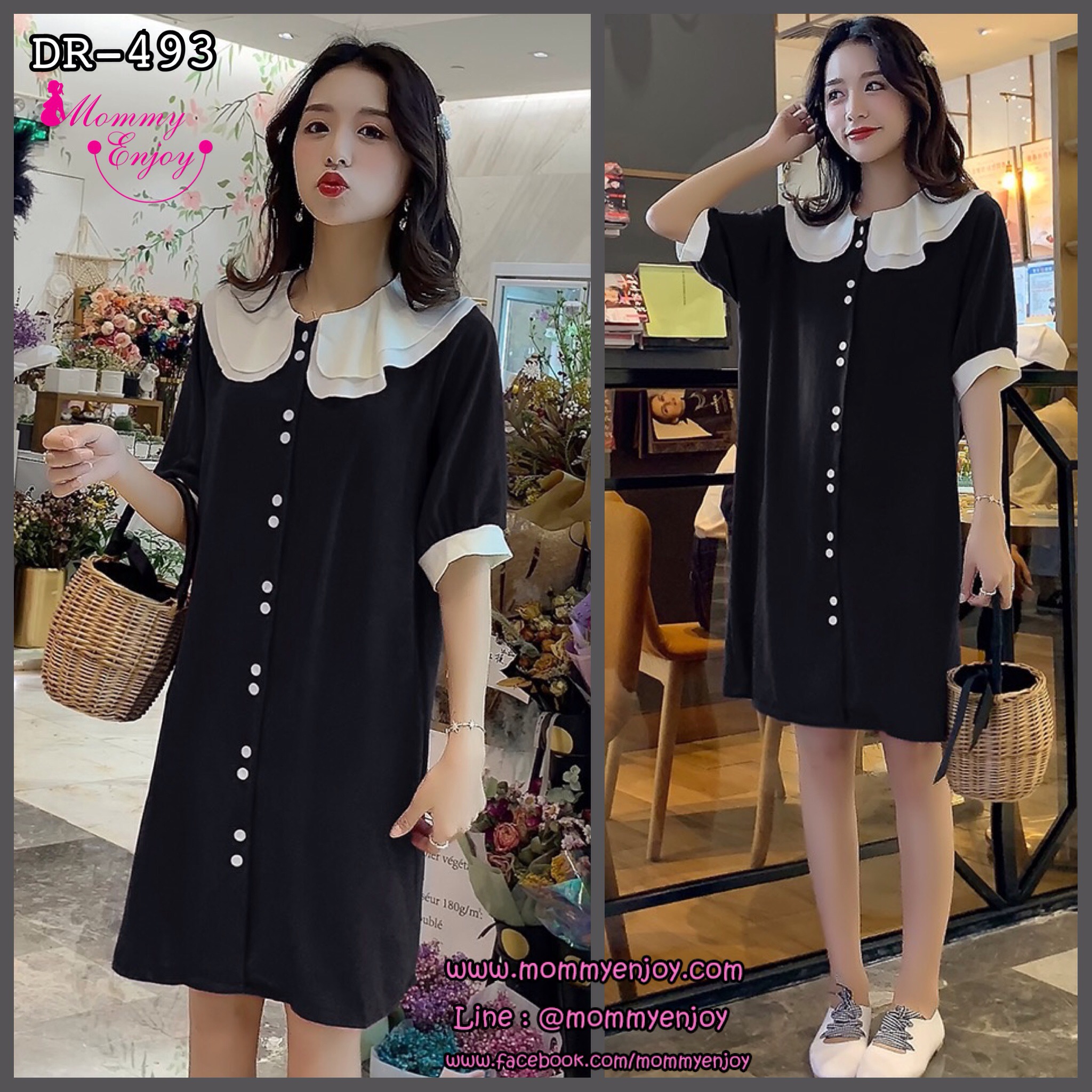 เดรสคลุมท้องแฟชั่น ทรงตุ๊กตา คอบัว กระดุมเปิดให้นมได้ ช่วงปก ทำย่นเพิ่มความน่ารัก M L XL XXL