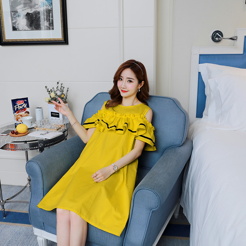 เดรสคลุมท้องแฟชั่นเปิดไหล่ ทำระบายช่วงอก รอบท้องใหญ่ใส่ได้ถึงคลอด M L XL,XXL