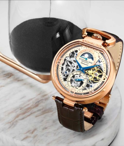 Stuhrling Original 889.03 นาฬิกาผู้ชาย Modena Automatic Dual Time Skeleto Leather Strap Men's Watch