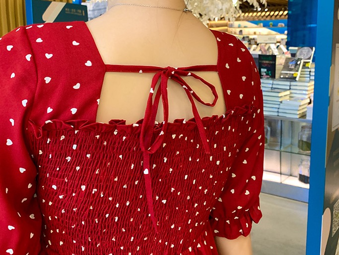 เดรสคลุมท้องแฟชั่น ช่วงอกสม๊อค แขนสั้น เนื้อผ้าทำย่นน่ารัก M L XL XXL