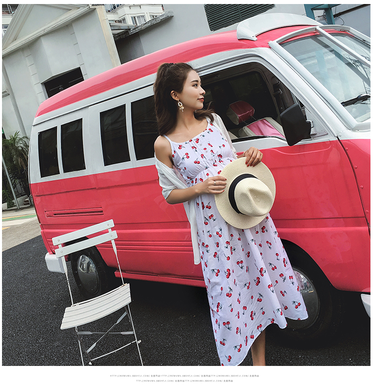 ชุดคลุมท้องสายเดี่ยวมาพร้อมเสื้อคลุม ชุดผ้าฝ้ายลายเชอรี่น่ารัก M L XL XXL