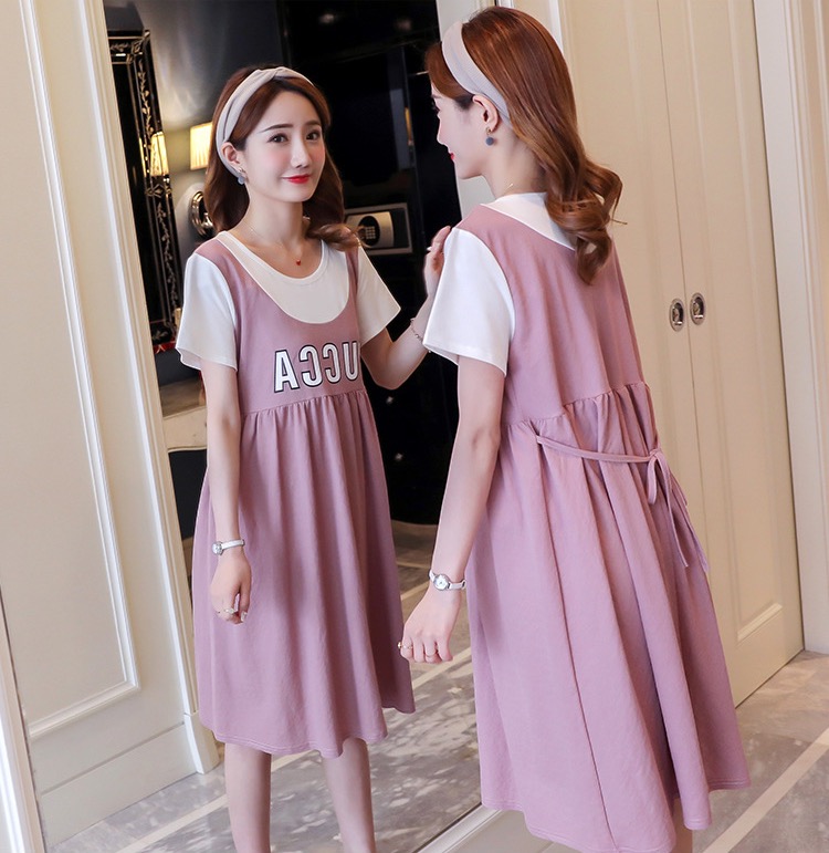 เดรสคลุมท้องแฟชั่นสไตล์เอี๊ยมหลอก ลายน่ารัก ผ้านิ่ม สีพาสเทลน่ารัก M L XL,XXL