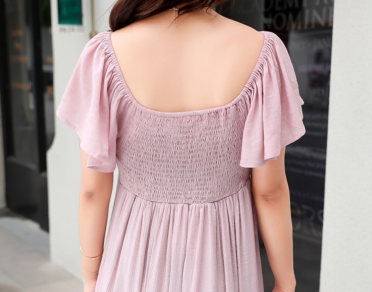 เดรสคลุมท้องแฟชั่นยาว คอวีด้านหลังเป็นสม๊อค ผูกช่วงอก แขนระบาย น่ารักมาก M L XL,XXL