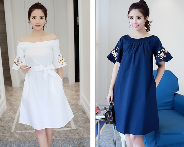 ชุดคลุมท้องแฟชั่นเกาหลี ใส่ได้หลายแบบ แขนกระดิ่ง ปักดอกไม้ น่ารักมาก M L XL XXL