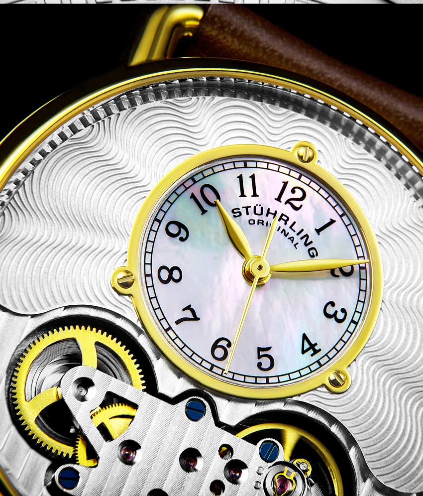 Stuhrling Original 693.03 นาฬิกาผู้ชาย Stuhrling Original รุ่น 693.03, Legacy Skeleton Mother of Pearl Genuine Leather Strap Men's Watch