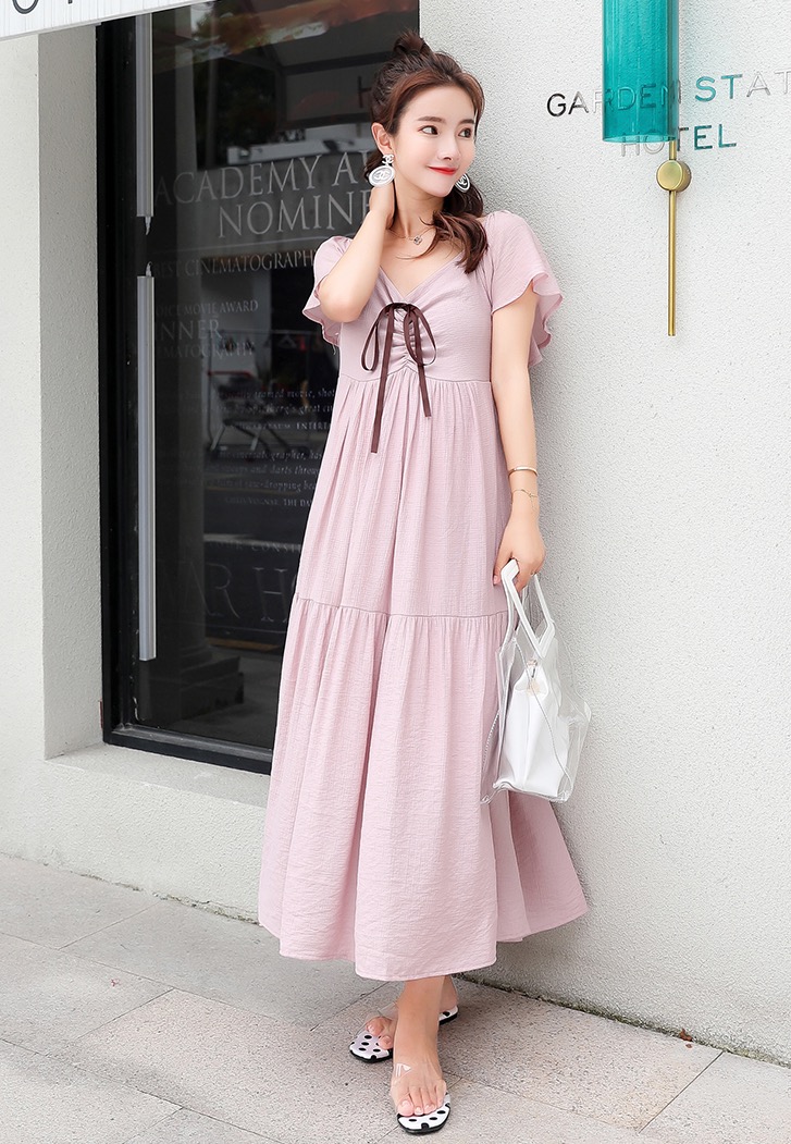 เดรสคลุมท้องแฟชั่นยาว คอวีด้านหลังเป็นสม๊อค ผูกช่วงอก แขนระบาย น่ารักมาก M L XL,XXL