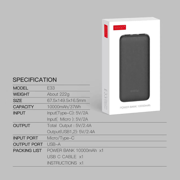 แบตสำรอง Orsen by Eloop E33 ความจุ 10000mAh ชาร์จ 2.4A 12W