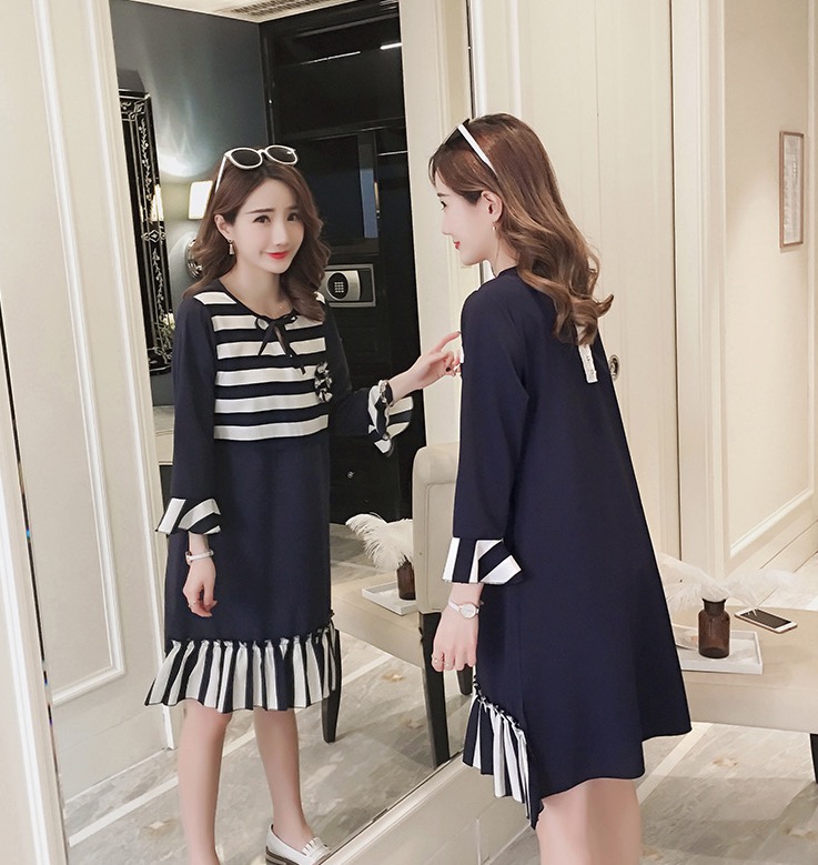 ชุดคลุมท้องเปิดให้นมแบบซิบ ผ้าชีฟอง ทำระบายที่แขน ชายกระโปรง เปิดให้นมแนวนอน M,L,XL,XXL