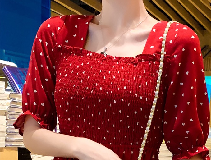 เดรสคลุมท้องแฟชั่น ช่วงอกสม๊อค แขนสั้น เนื้อผ้าทำย่นน่ารัก M L XL XXL