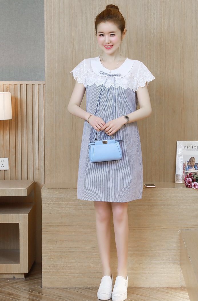 ชุดคลุมท้องทรงน่ารัก ผ้าฝ้าย ช่วงรอบอกประดับด้วยลูกไม้ มีเชือกผูกปรับขนาดครรภ์ด้านหน้า M L XL XXL