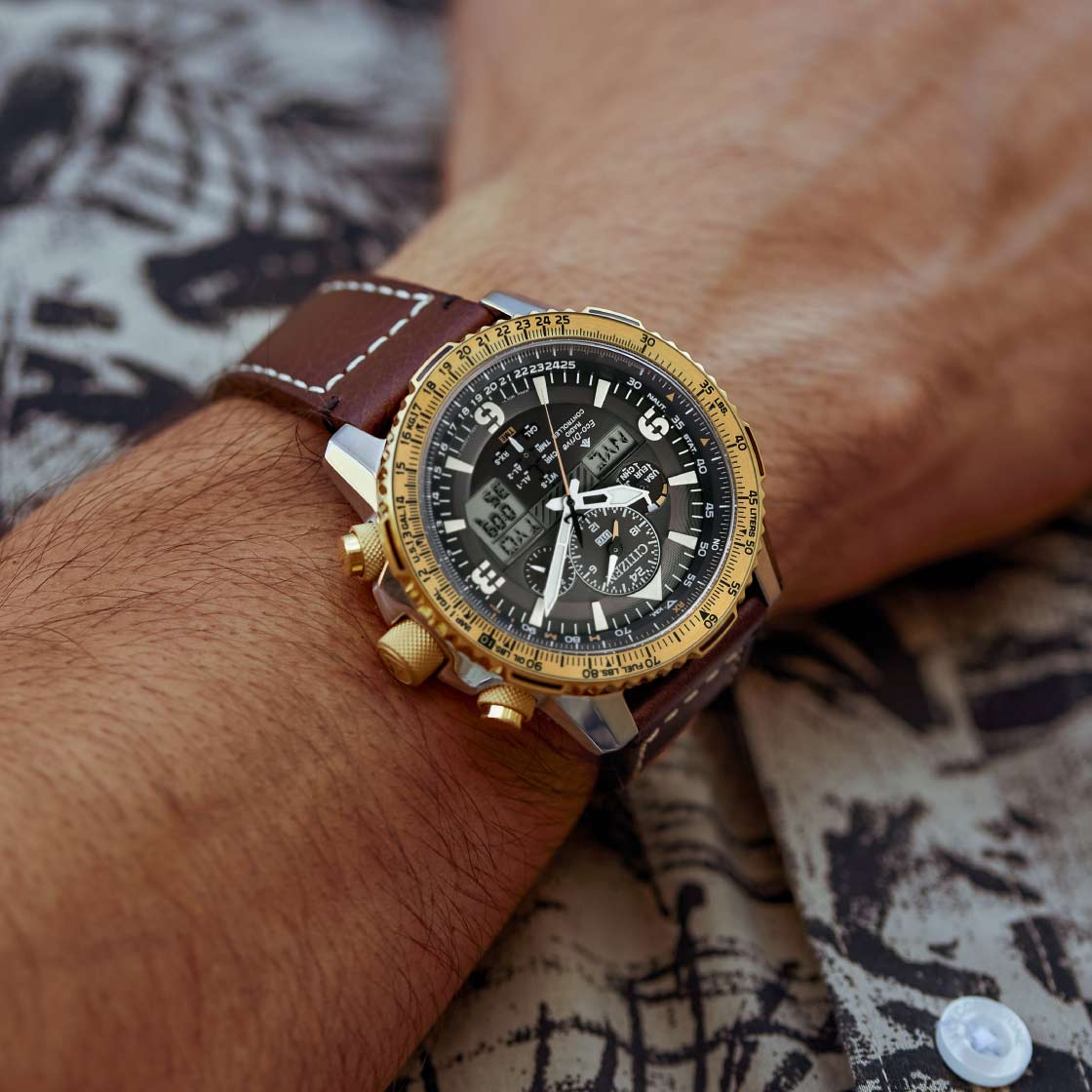 Citizen JY8084-17H นาฬิกาผู้ชาย Eco-Drive Promaster World Time Perpetual Alarm GMT Chronograph Men's Watch