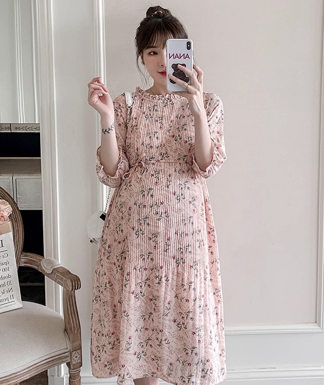 เดรสคลุมท้องแฟชั่น แขนจั้ม3ส่วน ผ้าชีฟองอัดพรีทเล็กช่วงบน สวยมาก มีซับใน มีเชือกผูกอิสระ M L XL XXL