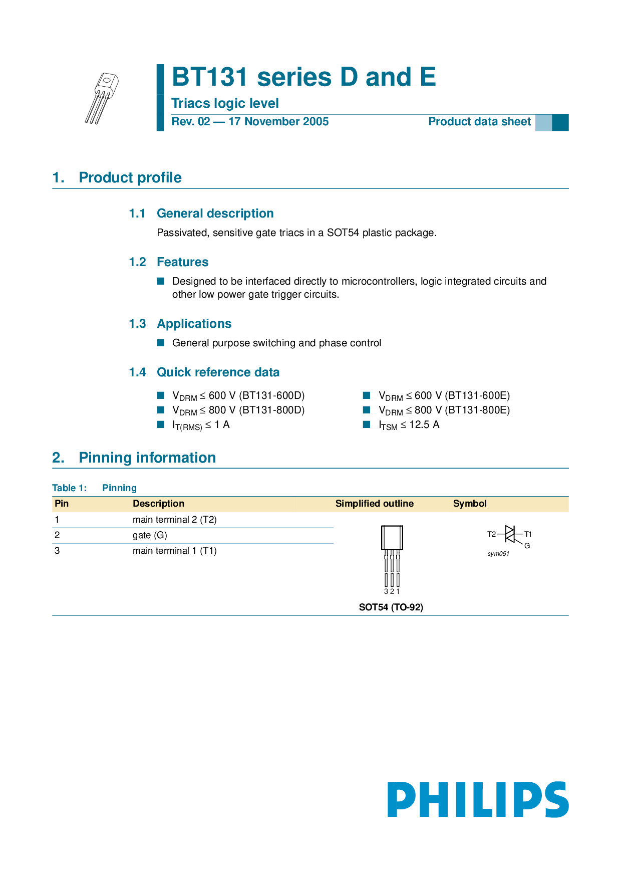(10ตัว) Triac BT131-600D 131-6D 1A 600V Gate Trigger Current 7mA ไตรแอค