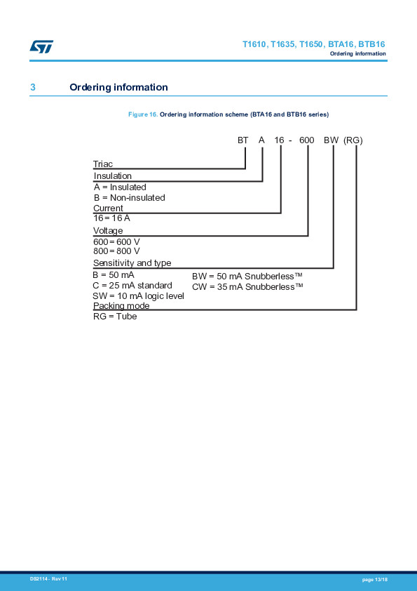 TRIAC BTA16-600B ST ไตรแอค 16A 600V Gate Trigger Current 100mA