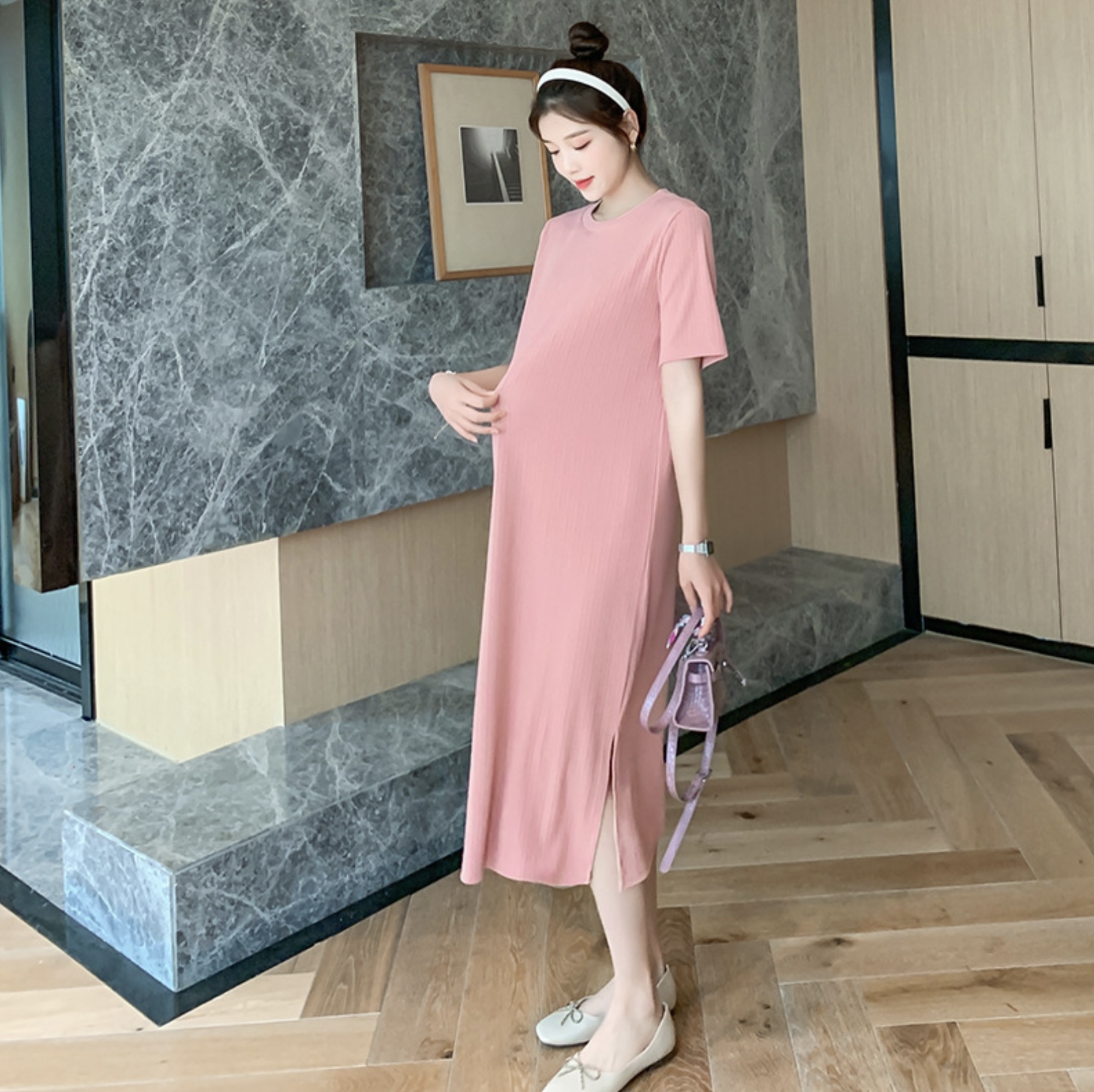 เดรสคลุมท้องแฟชั่นสบายๆ แขนสั้น ดูดี ผ้าทิ้งตัว มีน้ำหนัก เนื้อดีค่ะ M L XL XXL