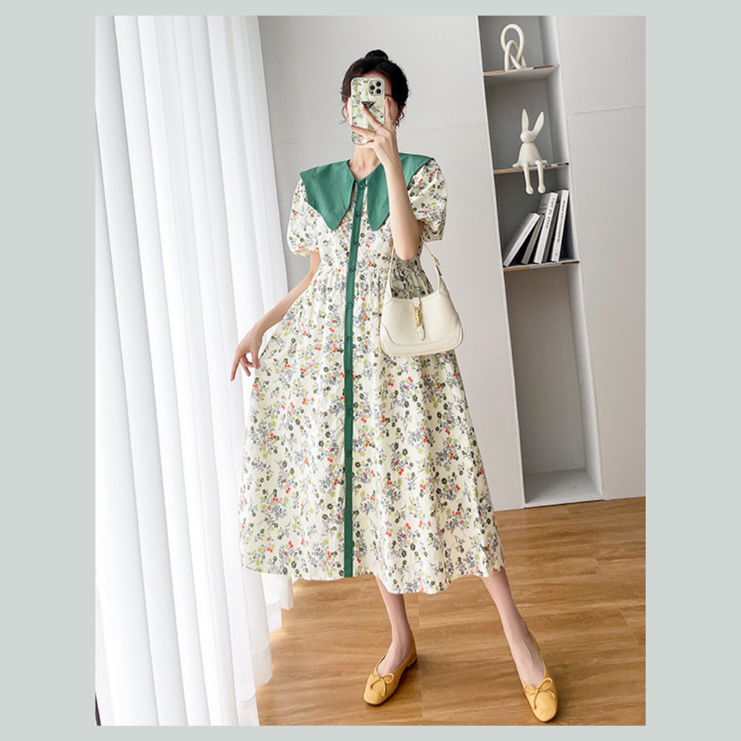 ชุดคลุมท้องแฟชั่นเกาหลี แขนตุ๊กตา ปกใหญ่ กระดุมหน้าแกะได้จริง ผ้าเนื้อละเอียด สีน่ารัก M L XL XXL