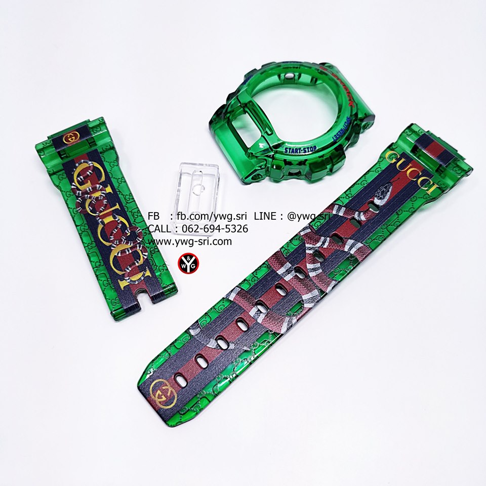 กรอบสาย G-SHOCK แบบใส สีเขียว สกรีน GUCCI ลายงู ใส่ได้รับรุ่น DW-6900