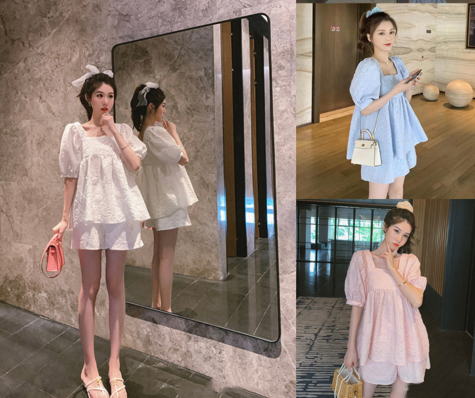 ชุดเสื้อคลุมท้อง+กางเกงขาสั้น สไตล์เกาหลี แขนตุ๊กตา ผ้าย่นนูน น่ารักมากๆ กางเกงปรับไซส์ได้ มีกระเป๋าข้าง M,L,XL,XXL