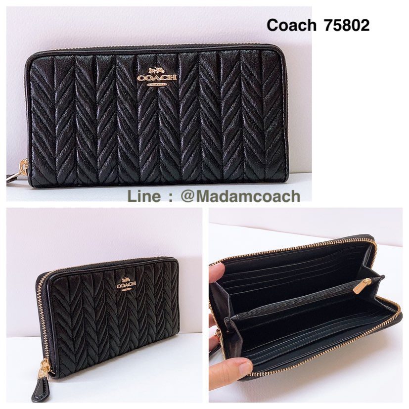 กระเป๋าสตางค์หนังจีบ Coach 75802 Zip Around Accordion Wallet Petal Leathe Black ของแท้