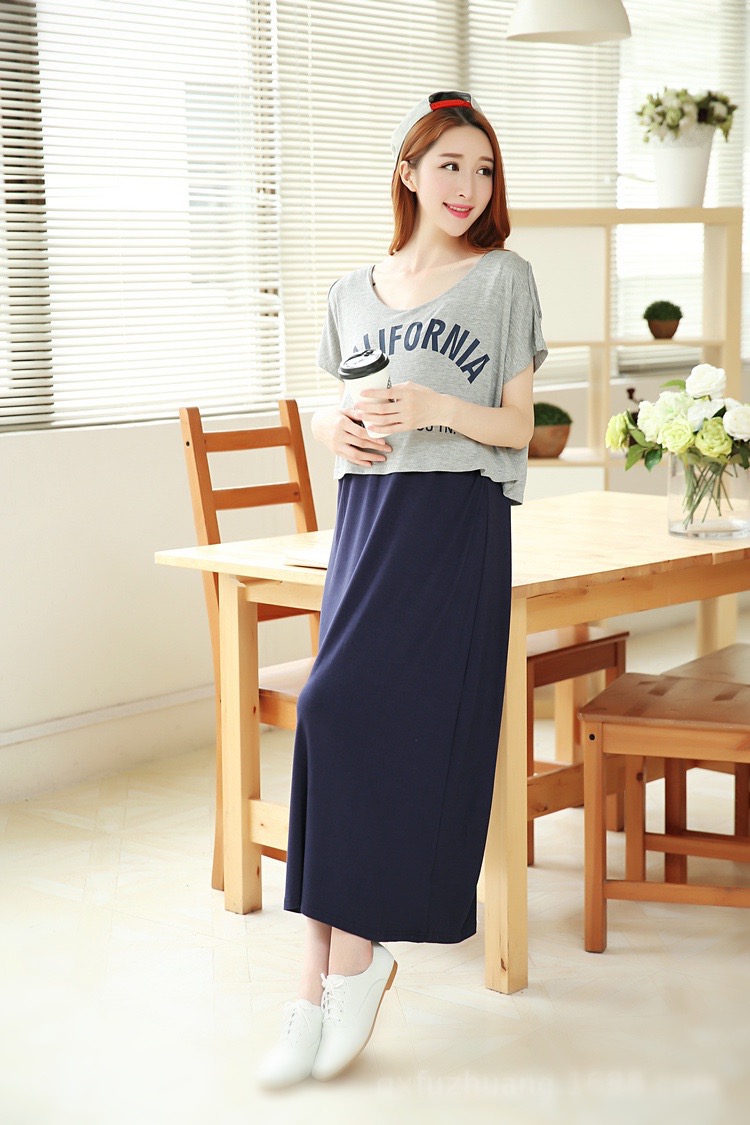 ชุดคลุมท้องแบบเปิดให้นมได้ ชุดยาว เปิดไหล่ ผ้ายืดนิ่ม ใส่สบาย ฟรีไซส์ น้ำเงิน เทา