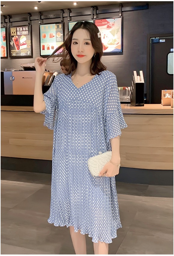เดรสคลุมท้องแฟชั่นผ้าชีฟอง อัดพรีท ลายจุดน่ารักลงตัว แขนระบาย รอบท้องใหญ่ใสได้ถึงคลอด M L XL XXL