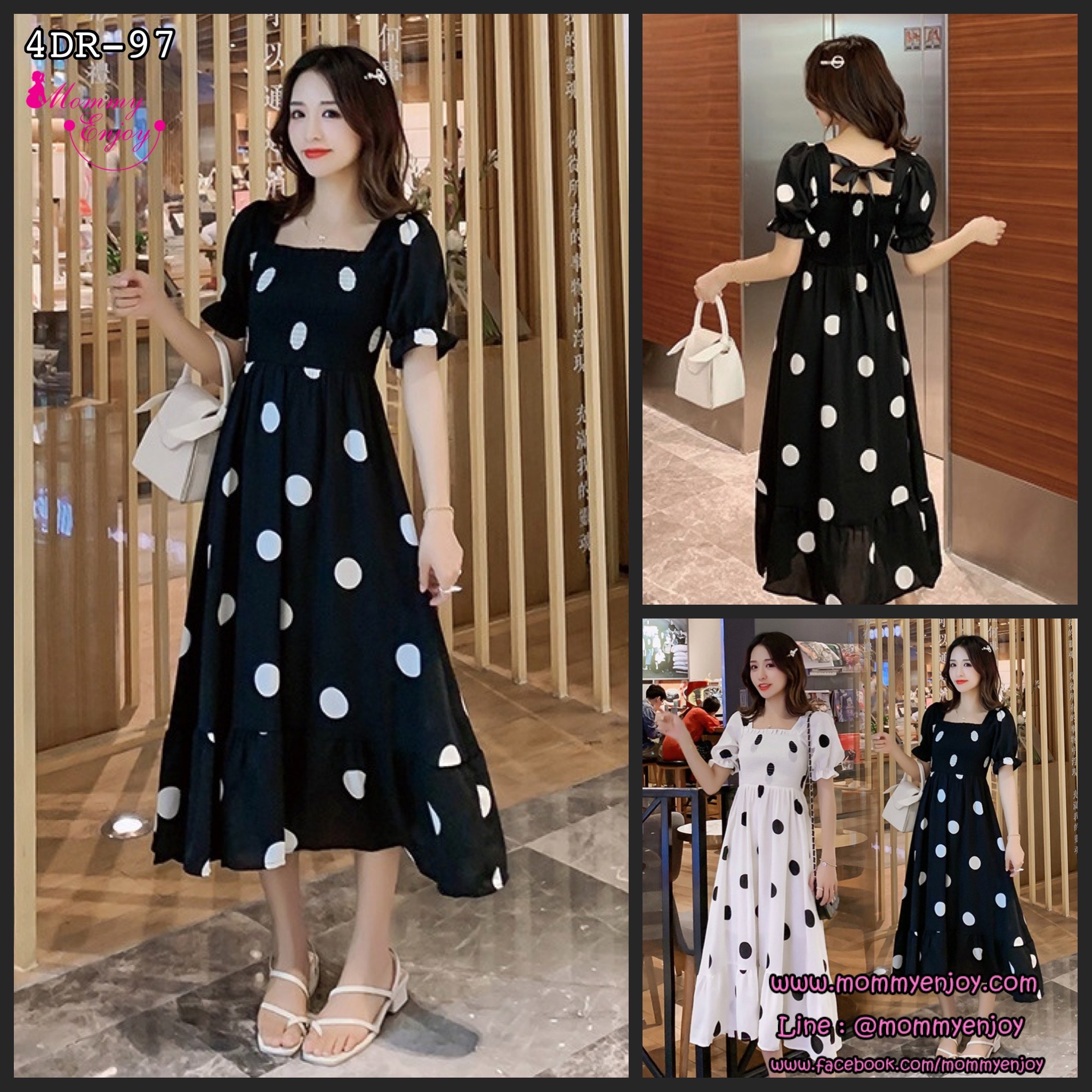 เดรสคลุมท้องแฟชั่นผ้าชีฟอง ช่วงอกสม๊อค แขนตุ๊กตา ด้านหลังผูกโบว์ น่ารักมากค่ะ M L XL XXL