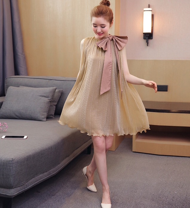 ชุดคลุมท้องเกาหลี แขนกุด ผ้าถักเนื้อทราย ทรงระบายผูกโบว์น่ารักมากๆ M,L,XL,XXL