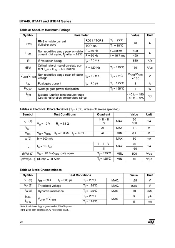 TRIAC BTA41-600B ST ไตรแอค 40A 600V Gate Trigger Current 100mA