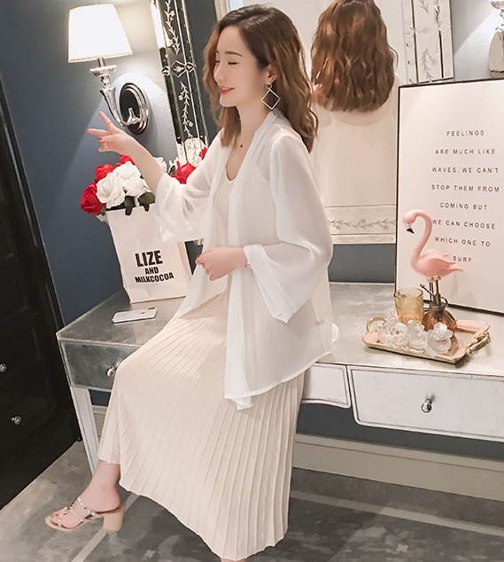 เดรสคลุมท้องแฟชั่นพร้อมเสื้อคลุม ผ้ายืดเนื้อนิ่ม ผ้าทิ้งตัว ทำลายด้านล่าง