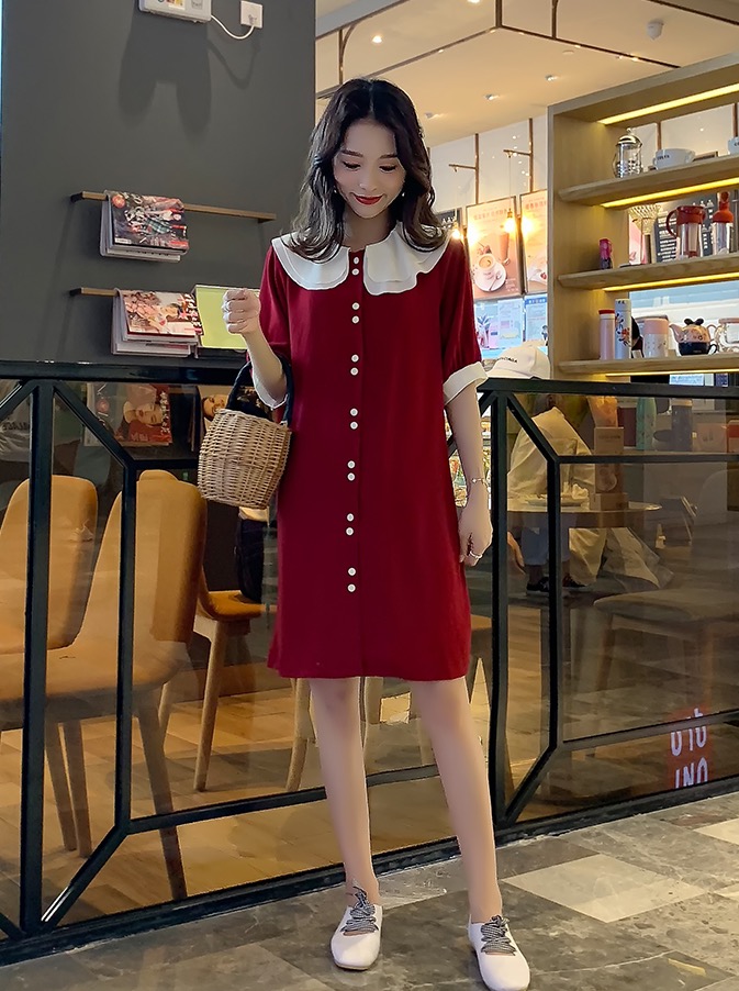 เดรสคลุมท้องแฟชั่น ทรงตุ๊กตา คอบัว กระดุมเปิดให้นมได้ ช่วงปก ทำย่นเพิ่มความน่ารัก M L XL XXL