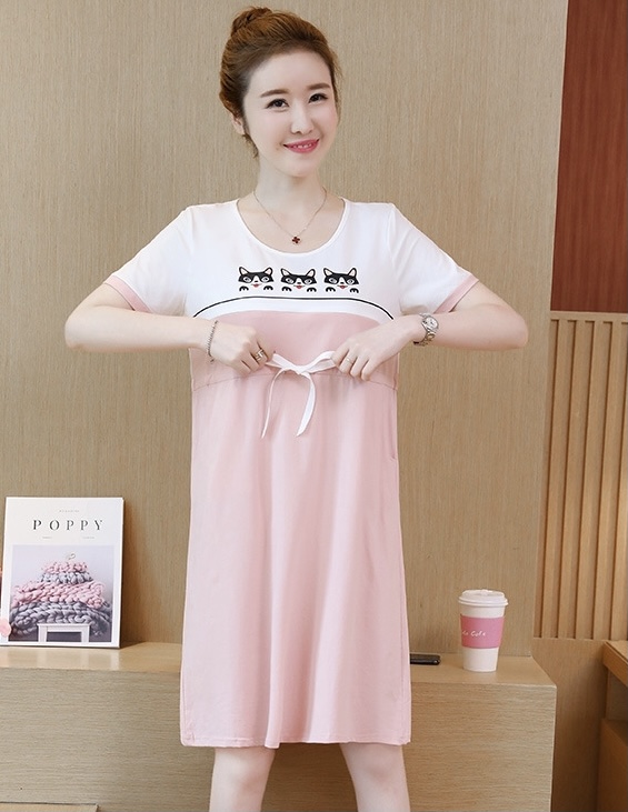 ชุดคลุมท้องเปิดให้นม แขนสั้น ลายแมวเหมียว ปรับขนาดได้ตามอายุครรภ์ M L XL XXL