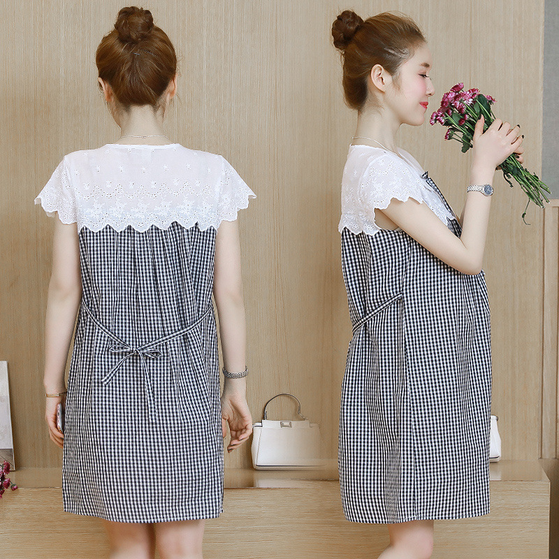 ชุดคลุมท้องทรงน่ารัก ผ้าฝ้าย ช่วงรอบอกประดับด้วยลูกไม้ มีเชือกผูกปรับขนาดครรภ์ด้านหน้า M L XL XXL