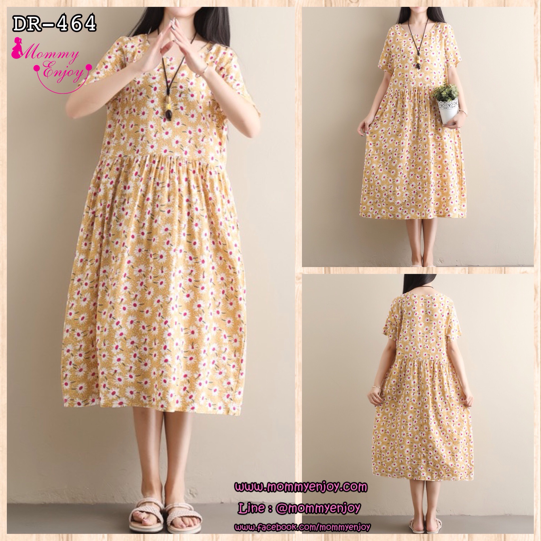 เดรสคลุมท้องแฟชั่น ผ้าลินิน ลายดอกน่ารัก ใส่สบาย มีกระเป๋าข้าง M L XL XXL