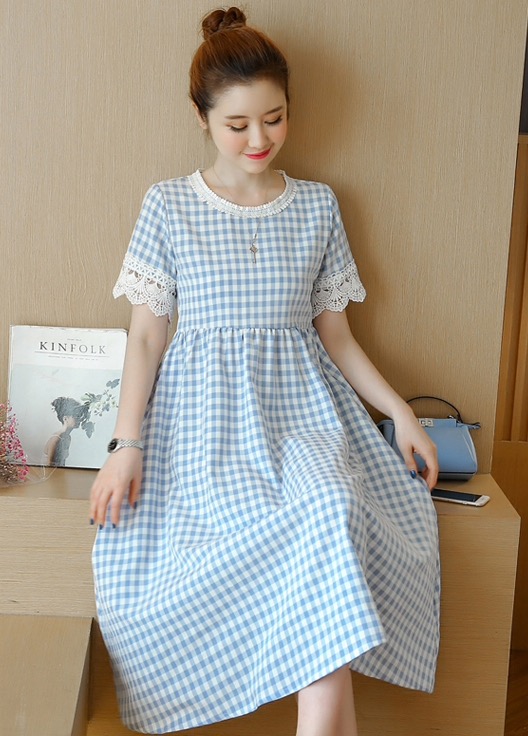 เดรสคลุมท้องแฟชั่นแขนสั้น แขนลูกไม้ ด้านหลังเป็นซิบ รอบท้องใหญ่ทรงระบาย ใส่ถึงคลอด M L XL XXL