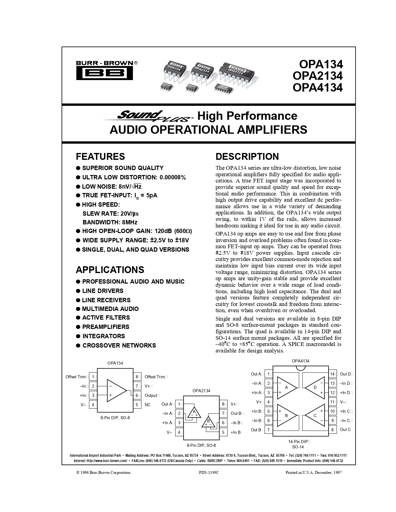 IC OPA2134PA OPA2134 BURR-BROWN ของแท้ High Performance Audio Poerational Amplifiers ไอซี