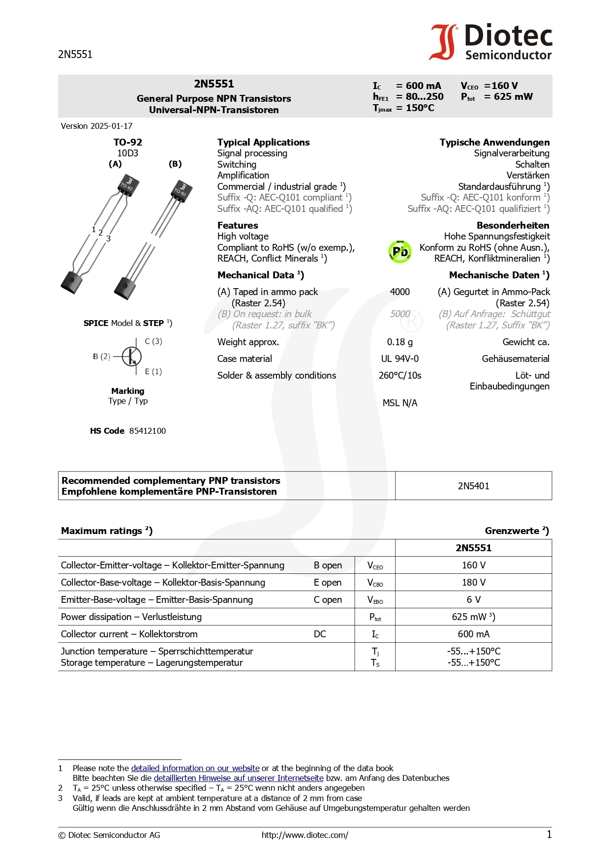 (10ตัว) 2N5401 PNP / 2N5551 NPN Transistor , Signal Processing , Switching , Amplification Applications ทรานซิสเตอร์